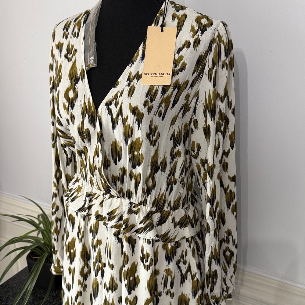 NWT Scotch & Soda White Green Brown Long Sleeve V Neck Dress S - Picture 3 of 9